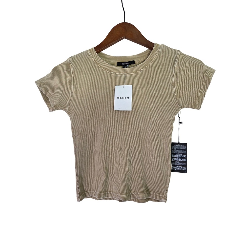 Forever 21 Ribbed Knit Cropped T Shirt Beige Size S Short Sleeve Casual Everyday